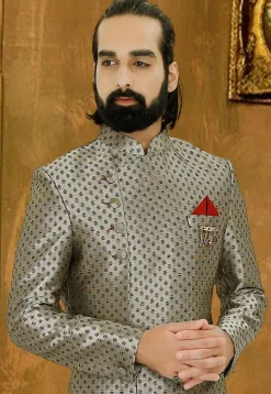 Woven Art Silk Sherwani in Grey