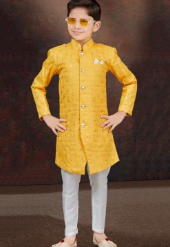 Woven Art Silk Sherwani in Yellow