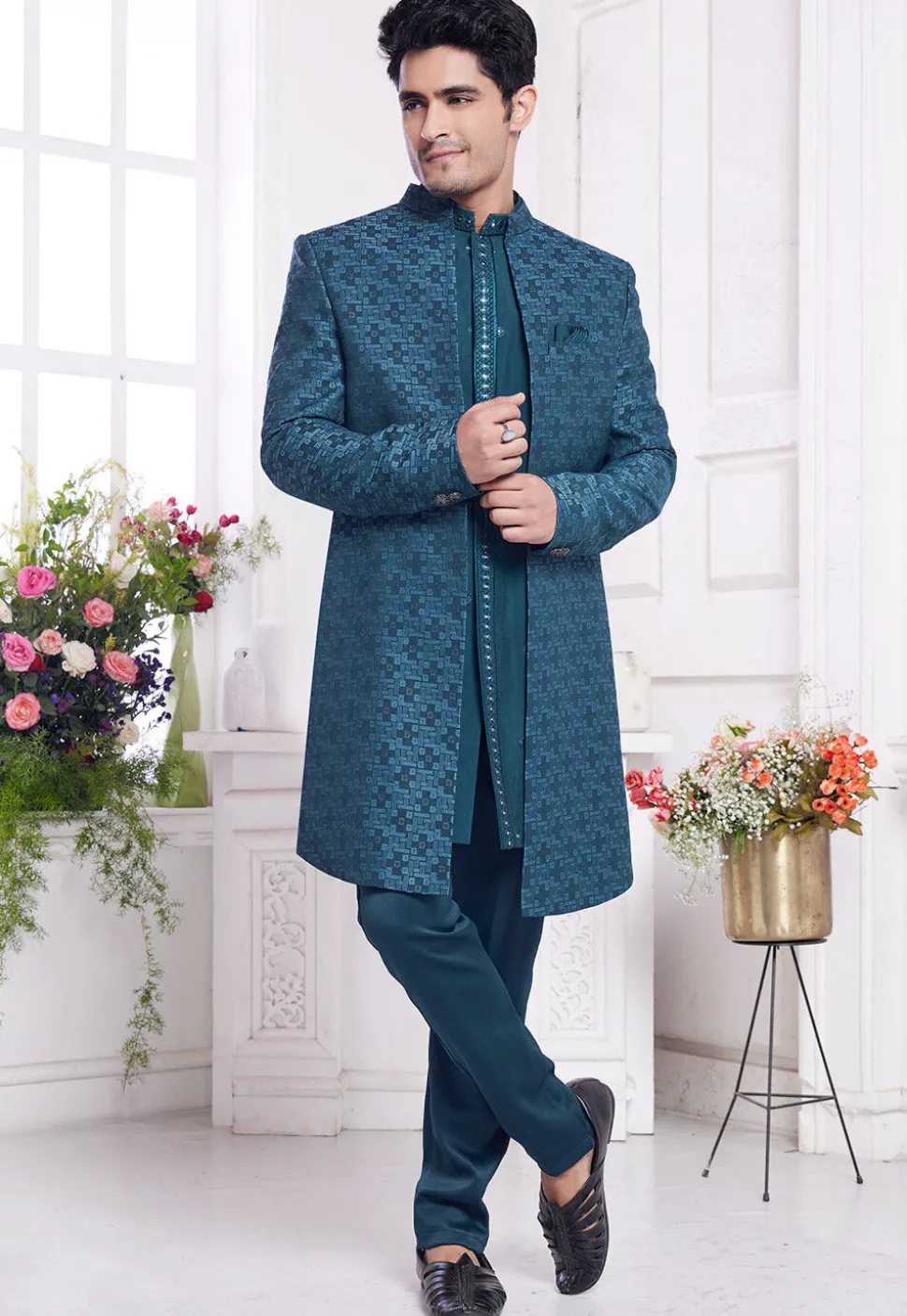 Woven Art Silk Sherwani in Teal Blue