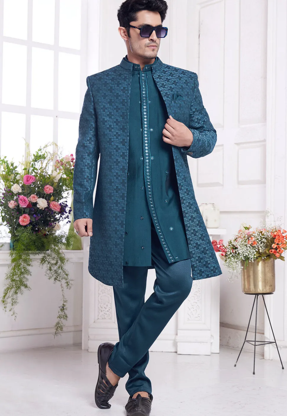Woven Art Silk Sherwani in Teal Blue