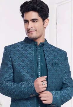 Woven Art Silk Sherwani in Teal Blue