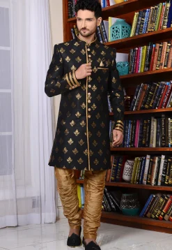 Woven Art Silk Sherwani in Black