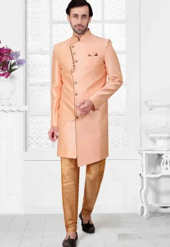 Woven Art Silk Sherwani in Peach