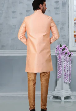 Woven Art Silk Sherwani in Peach