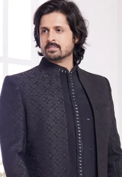 Woven Art Silk Sherwani in Black