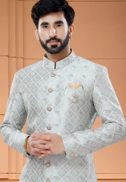 Woven Art Silk Sherwani in Grey