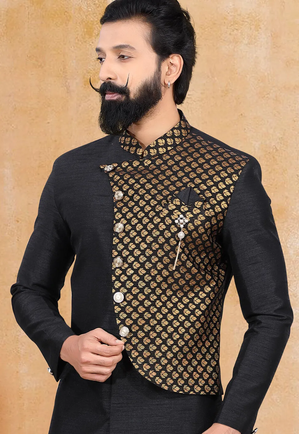 Woven Art Silk Sherwani in Black