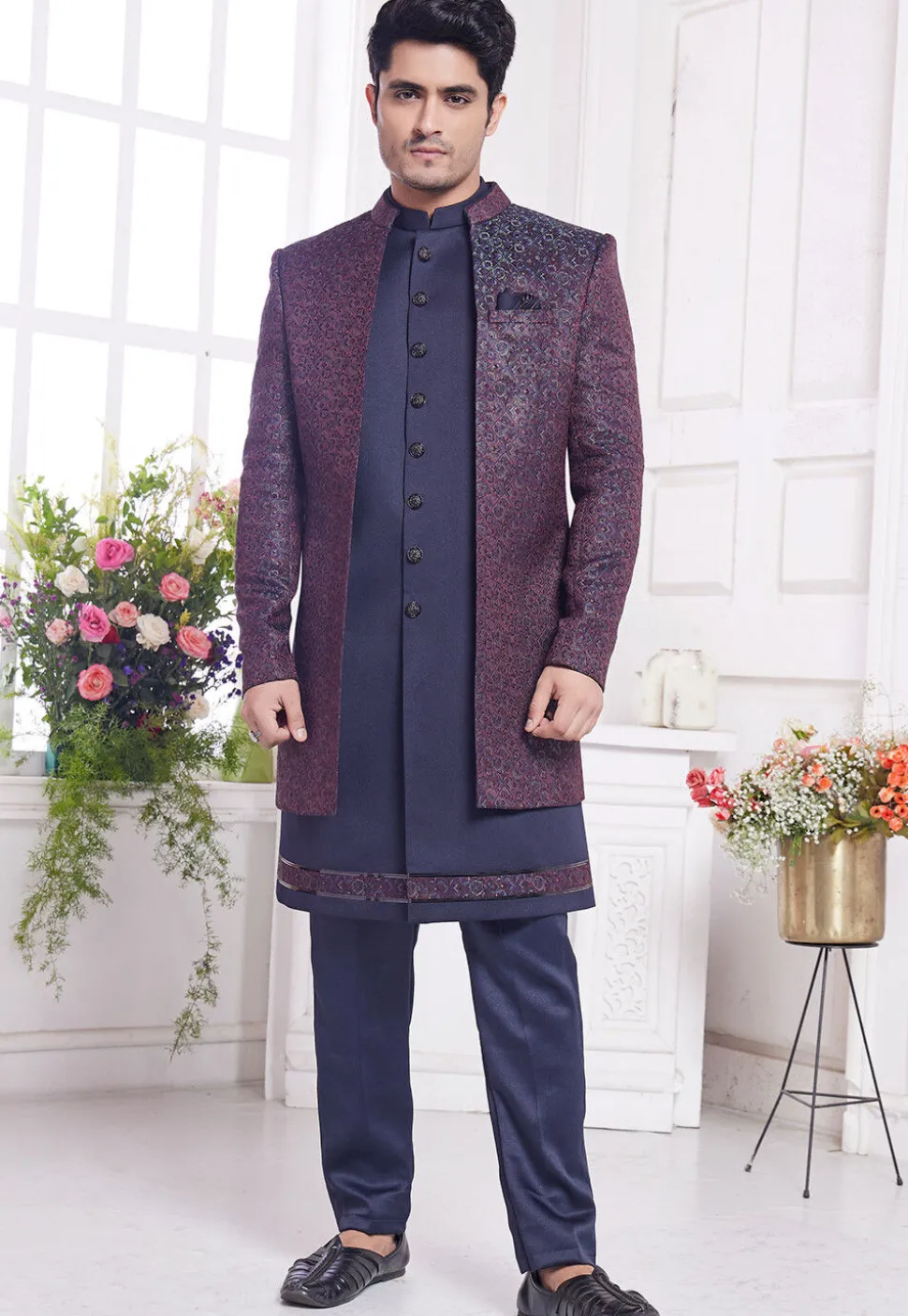 Woven Art Silk Sherwani in Navy Blue