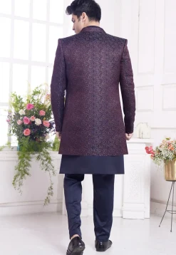 Woven Art Silk Sherwani in Navy Blue