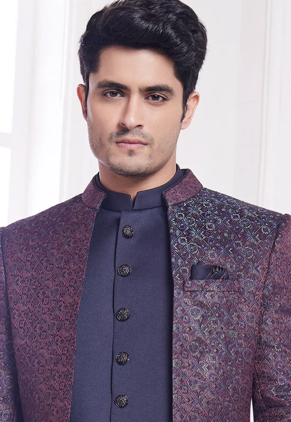 Woven Art Silk Sherwani in Navy Blue