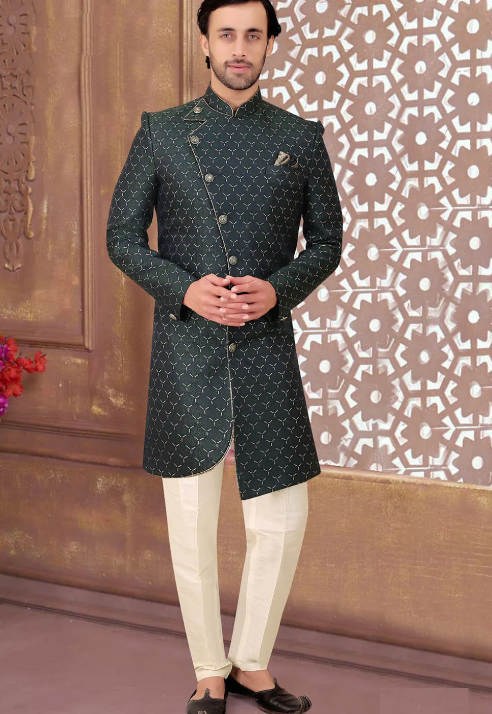 Woven Art Silk Sherwani in Dark Green