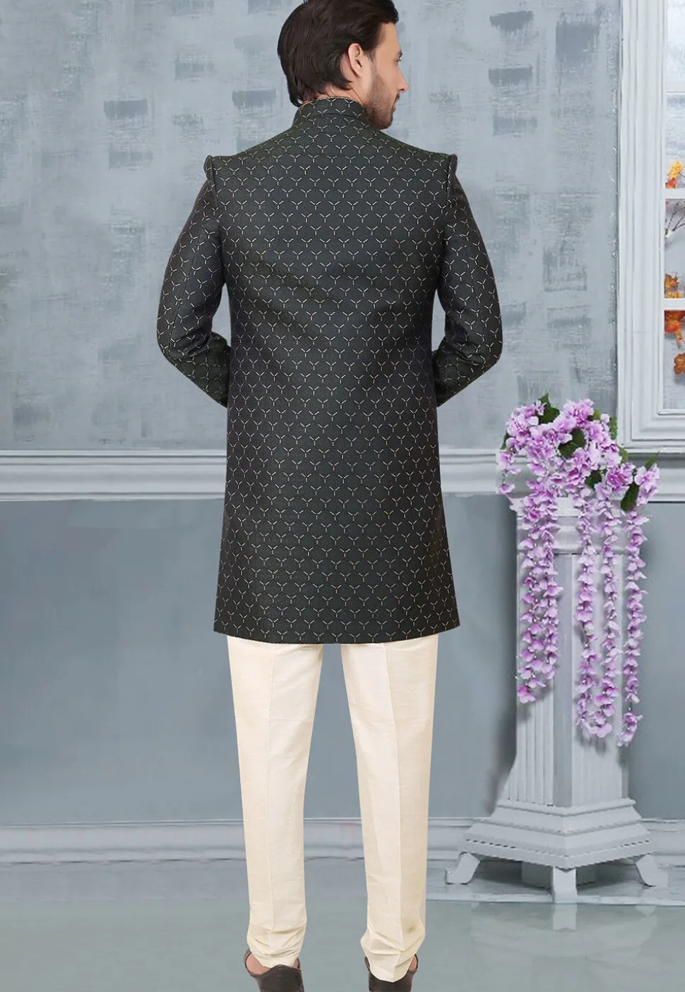 Woven Art Silk Sherwani in Dark Green
