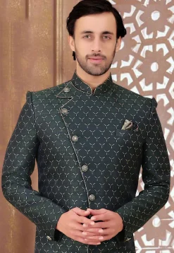 Woven Art Silk Sherwani in Dark Green