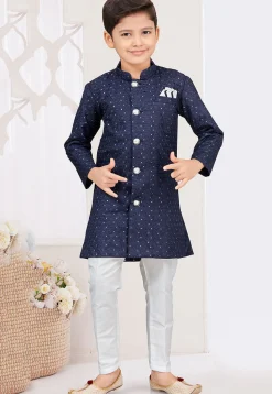 Woven Art Silk Sherwani in Navy Blue