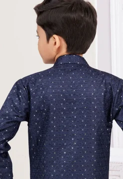 Woven Art Silk Sherwani in Navy Blue