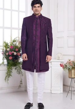 Woven Art Silk Sherwani in Purple