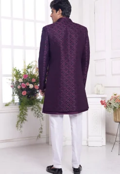 Woven Art Silk Sherwani in Purple