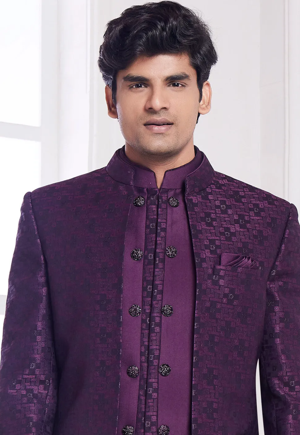 Woven Art Silk Sherwani in Purple