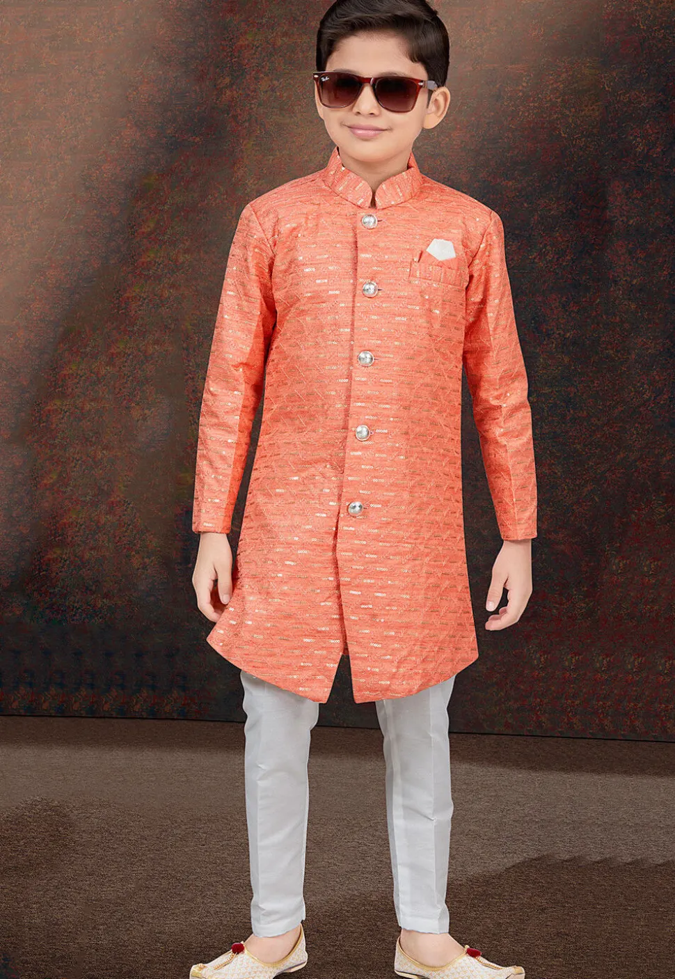 Woven Art Silk Sherwani in Orange