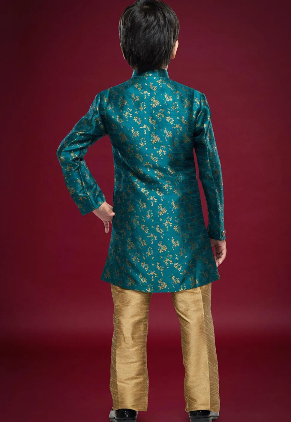 Woven Art Silk Sherwani Set in Teal Blue