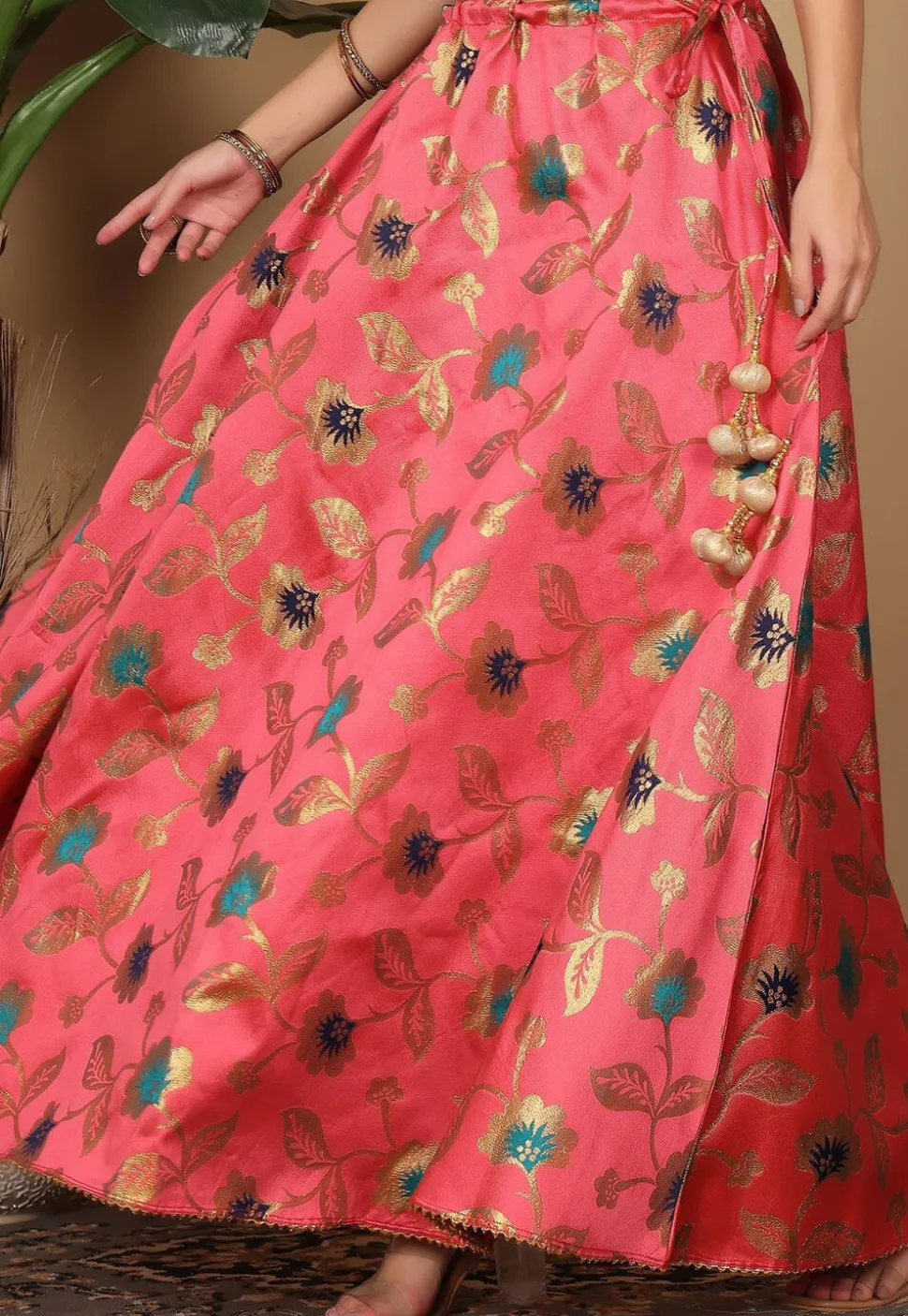 Woven Art Silk Skirt in Coral Pink