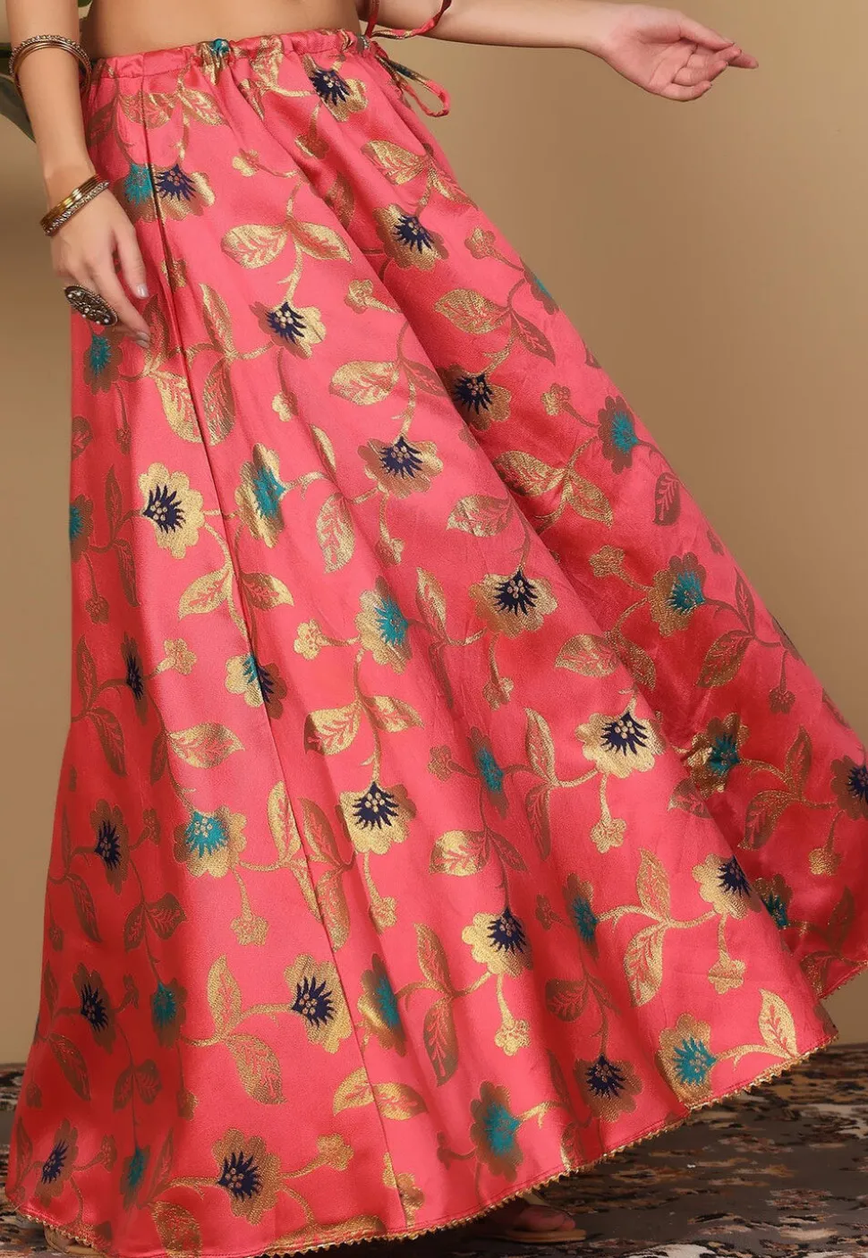 Woven Art Silk Skirt in Coral Pink