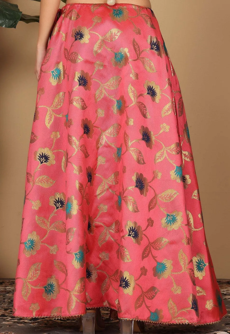 Woven Art Silk Skirt in Coral Pink