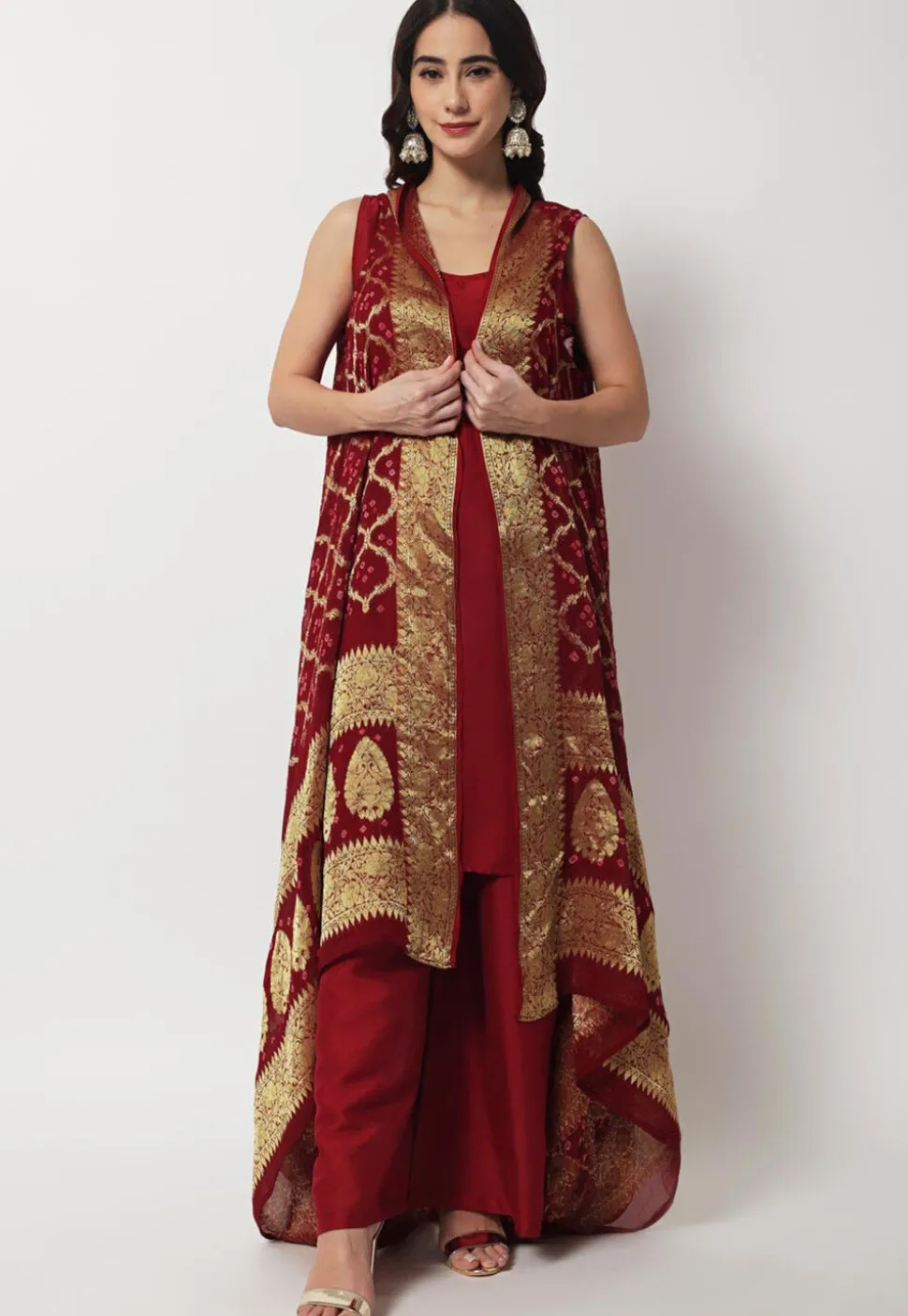 Woven Art Silk Straight Kurta Set in Maroon