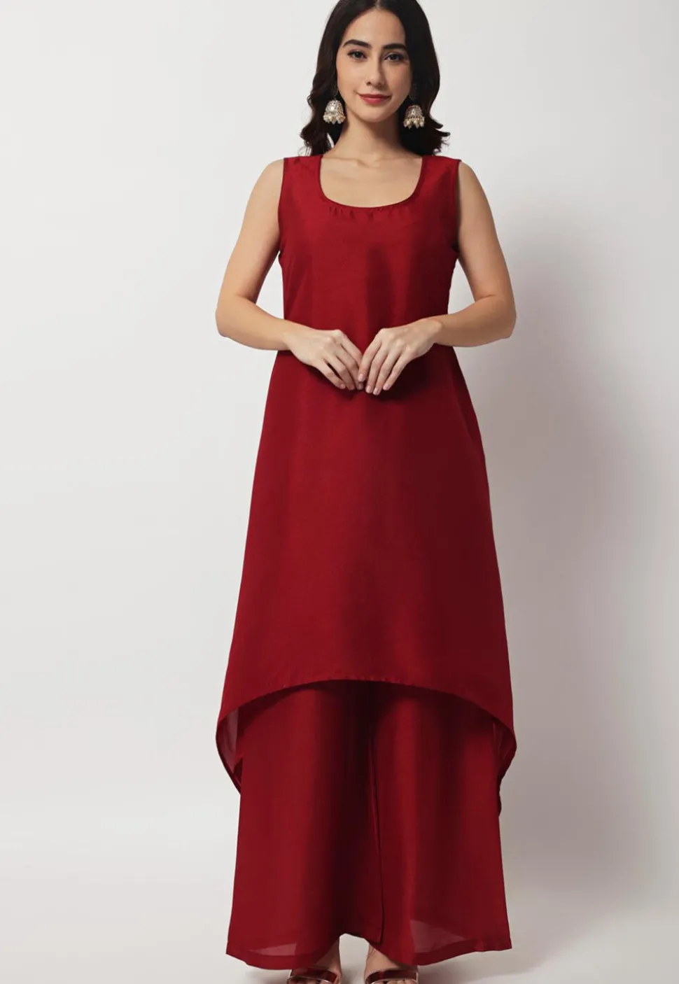 Woven Art Silk Straight Kurta Set in Maroon