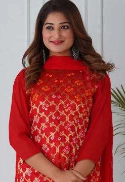 Woven Art Silk Straight Suit in Red
