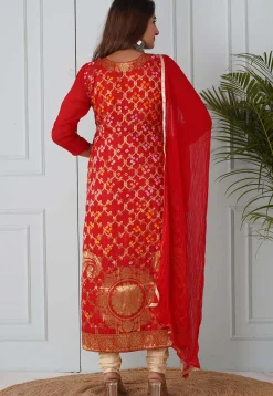 Woven Art Silk Straight Suit in Red