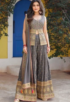 Woven Art Silk Top Set in Grey
