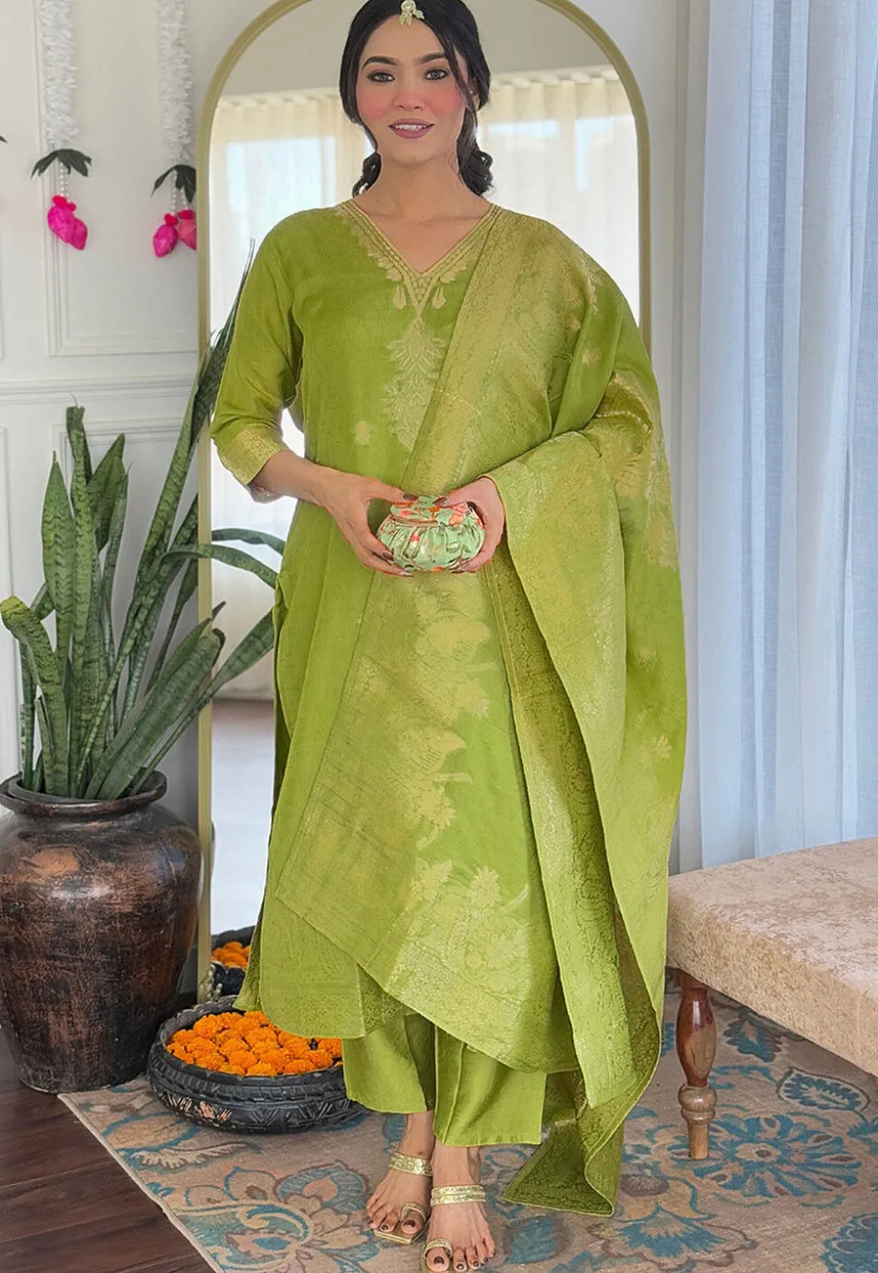 Woven Art Viscose Jacquard Pakistani Suit in Light Green