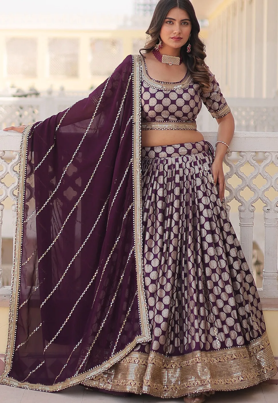 Woven Art Viscose Silk Jacquard Lehenga in Wine