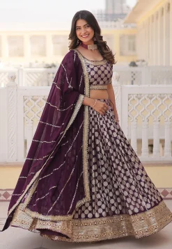 Woven Art Viscose Silk Jacquard Lehenga in Wine