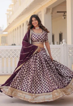 Woven Art Viscose Silk Jacquard Lehenga in Wine