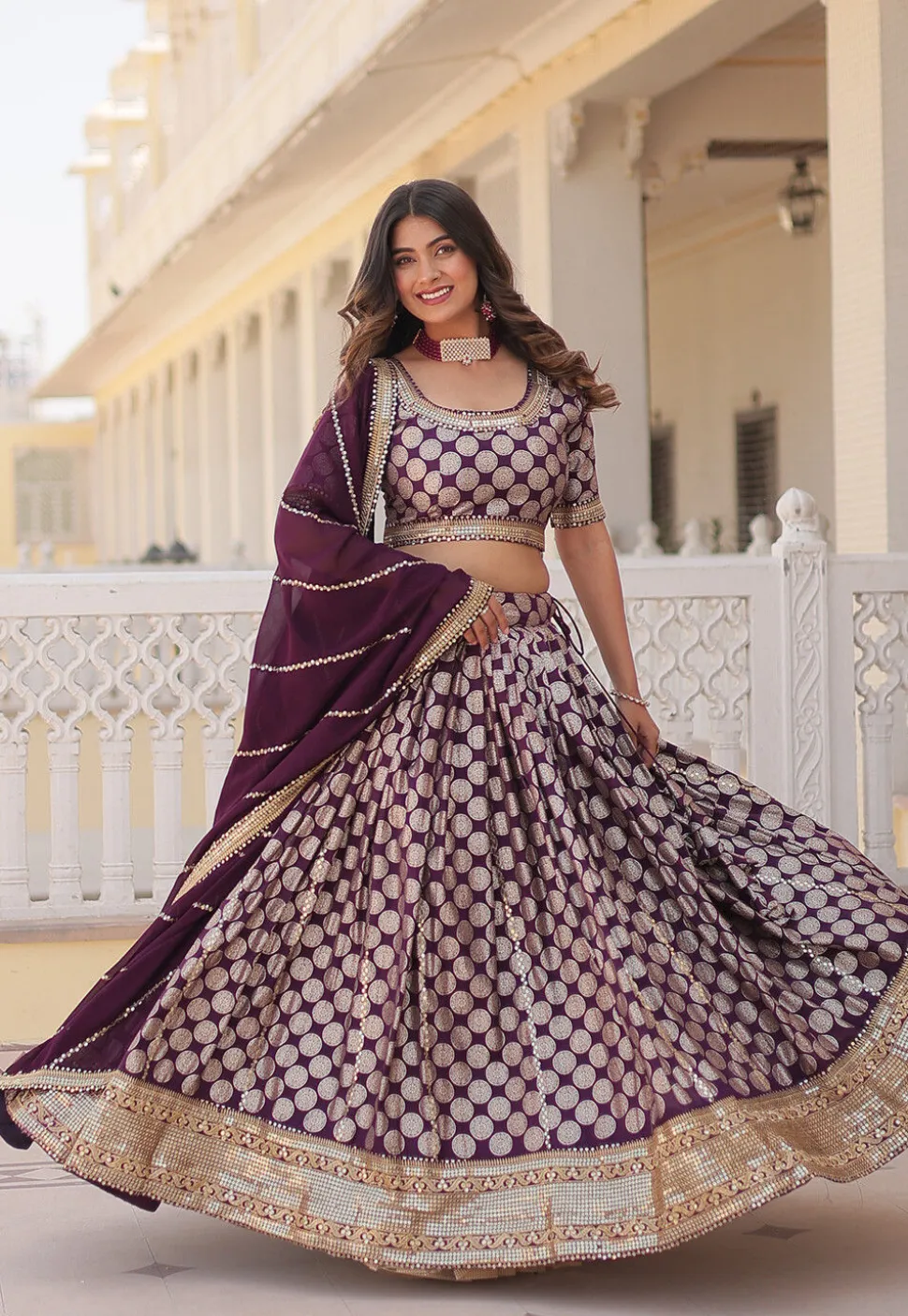 Woven Art Viscose Silk Jacquard Lehenga in Wine