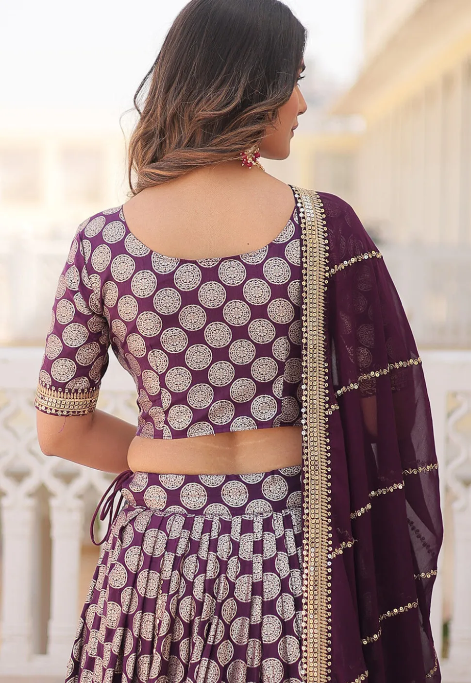 Woven Art Viscose Silk Jacquard Lehenga in Wine