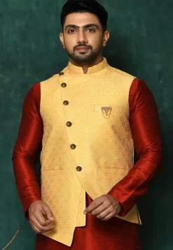 Woven Asymmetric Art Silk Jacquard Nehru Jacket in Yellow
