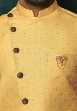 Woven Asymmetric Art Silk Jacquard Nehru Jacket in Yellow