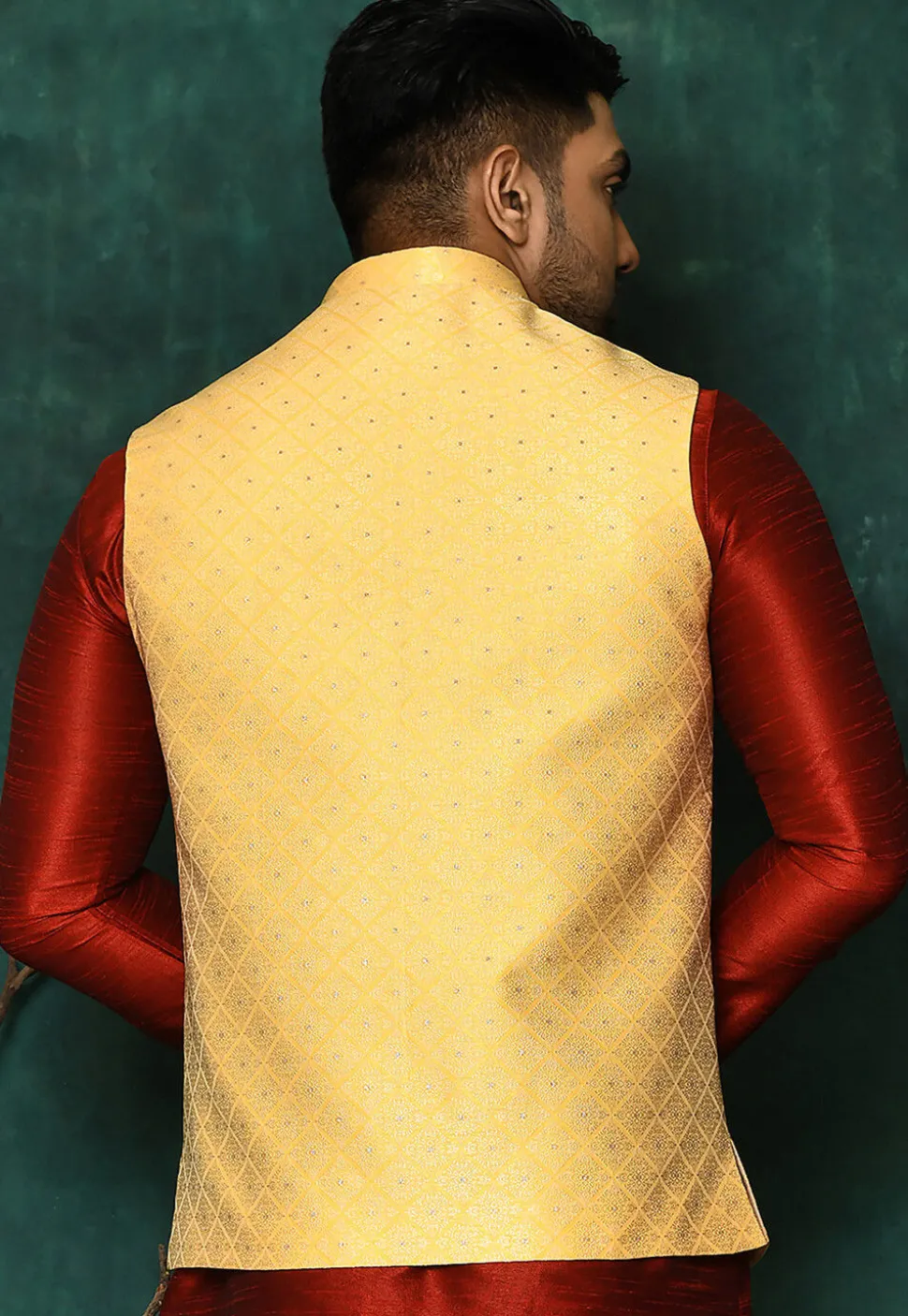 Woven Asymmetric Art Silk Jacquard Nehru Jacket in Yellow