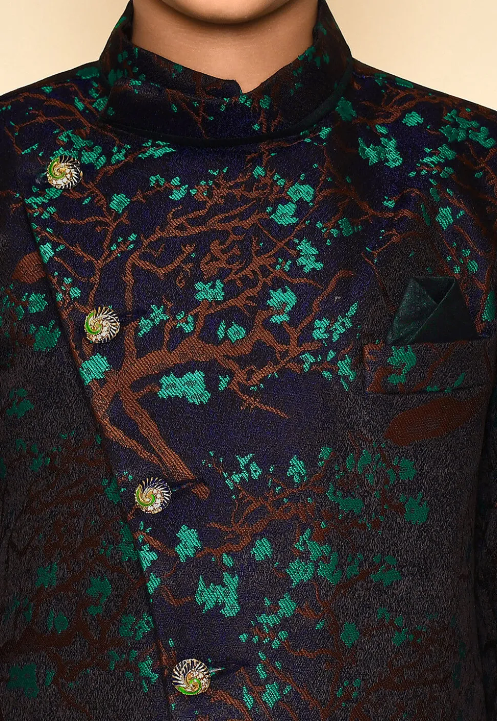 Woven Asymmetric Art Silk Jaquard Sherwani in Navy Blue