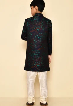 Woven Asymmetric Art Silk Jaquard Sherwani in Navy Blue