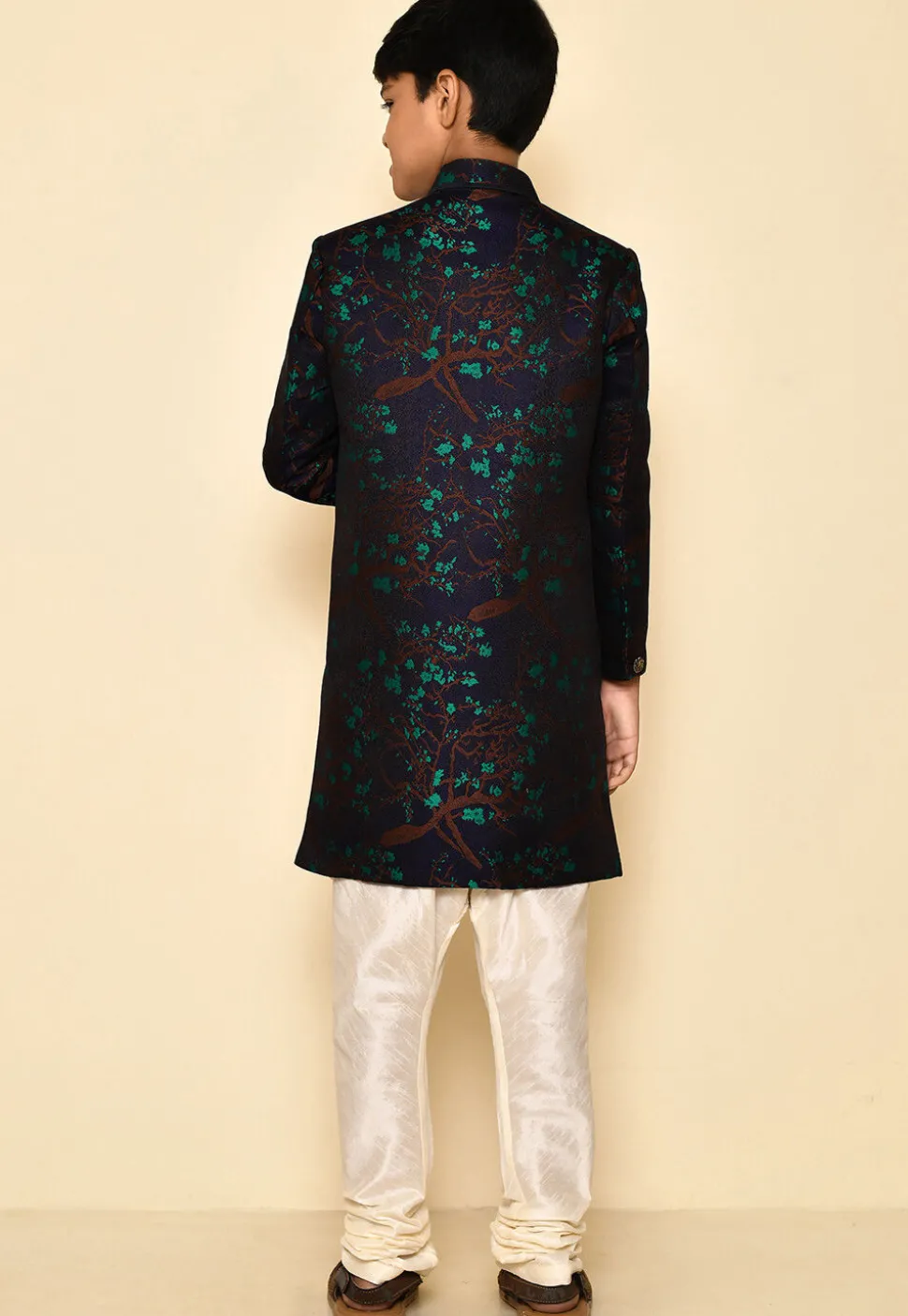 Woven Asymmetric Art Silk Jaquard Sherwani in Navy Blue