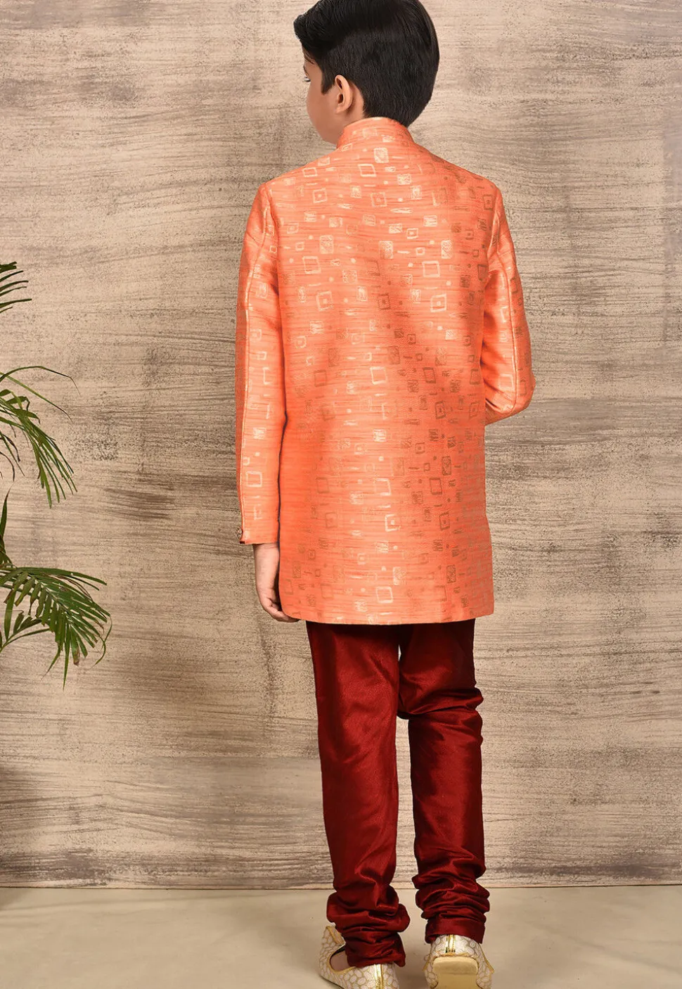 Woven Asymmetric Art Silk Jaquard Sherwani in Peach