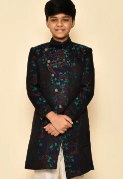 Woven Asymmetric Art Silk Jaquard Sherwani in Navy Blue
