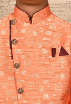 Woven Asymmetric Art Silk Jaquard Sherwani in Peach