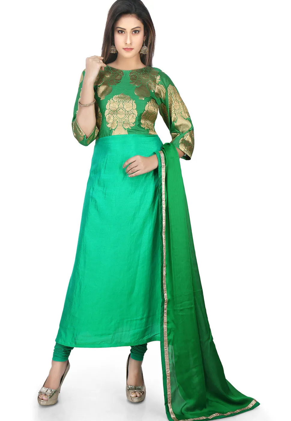 Woven Banarasi Silk A Line Suit in Green