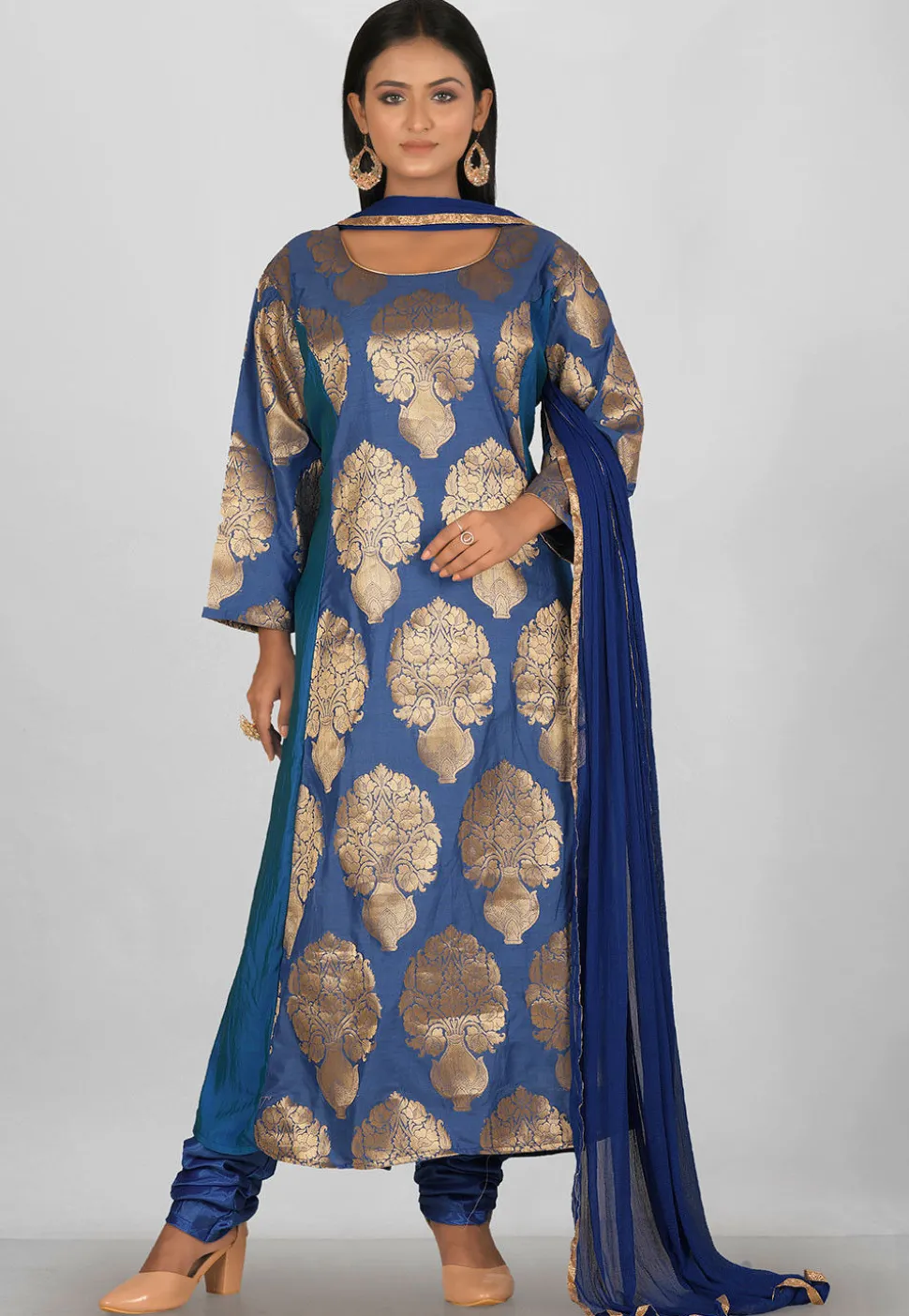 Woven Banarasi Silk Anarkali Suit in Blue