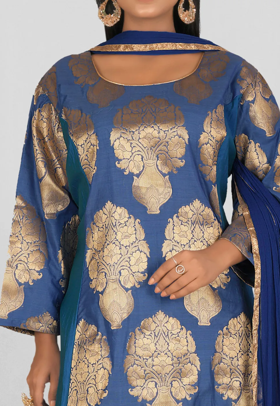 Woven Banarasi Silk Anarkali Suit in Blue